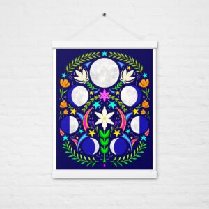 Celestial Phases: Folk Art Style Lunar Phase Poster