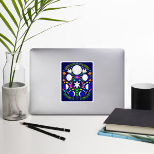 Celestial Phases: Folk Art Style Lunar Phase Sticker on a laptop