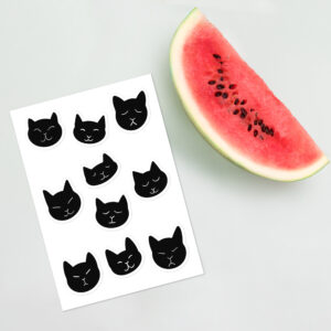 Black Cat Moods: Hand-Drawn Sticker Sheet is displayed next to a watermelon for scale.