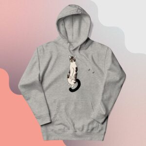 Tabby Majesty: The Munchkin Marvel Hoodie in Carbon Grey is displayed on a pink and grey abstract background.