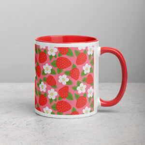 Sweet Strawberry Garden Mug with Color Inside is displayed on a white marble countertop.