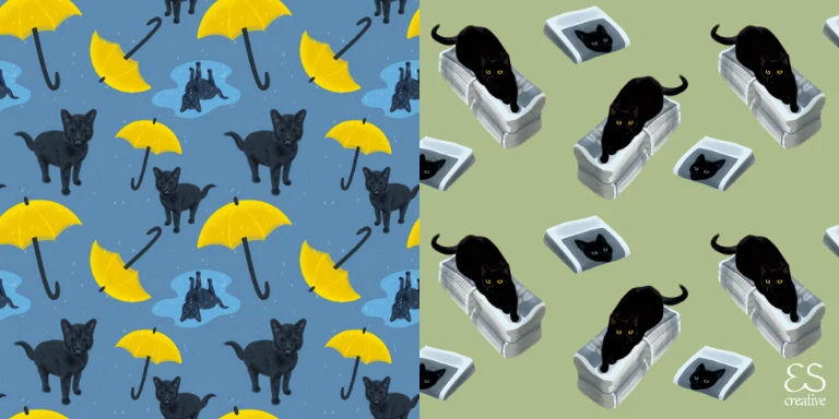 Curiosity Leads to Creativity: Example of two cat patterns from my thirty day pattern challenge: black cats with umbrellas on the left and black cats on newspapers on the right.