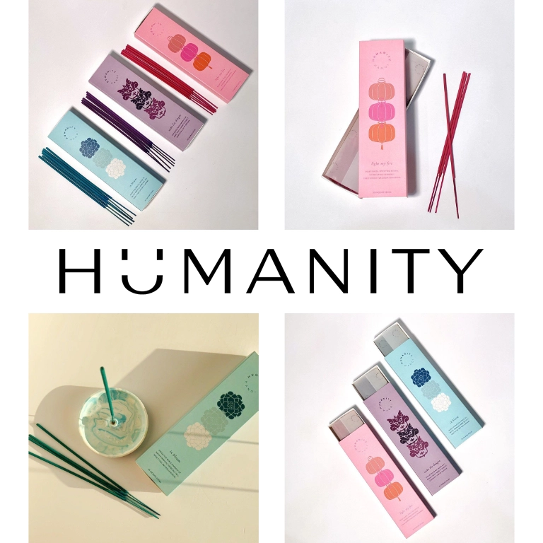 Image of Humanity shop logo surrounded by incense products