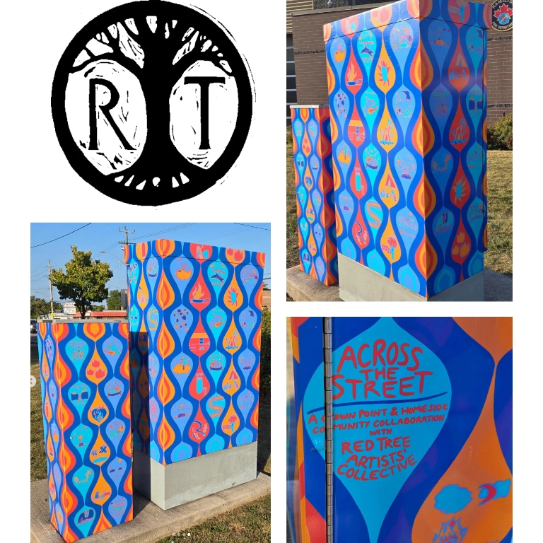 Image of Red Tree Artists' Collective logo surrounded by photos of Across the Street traffic cabinet design.
