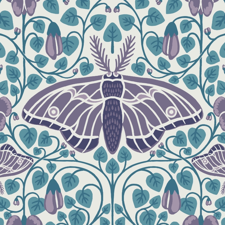 Hand drawn pattern with purple moths, violets and teal leaves on off-white background.
