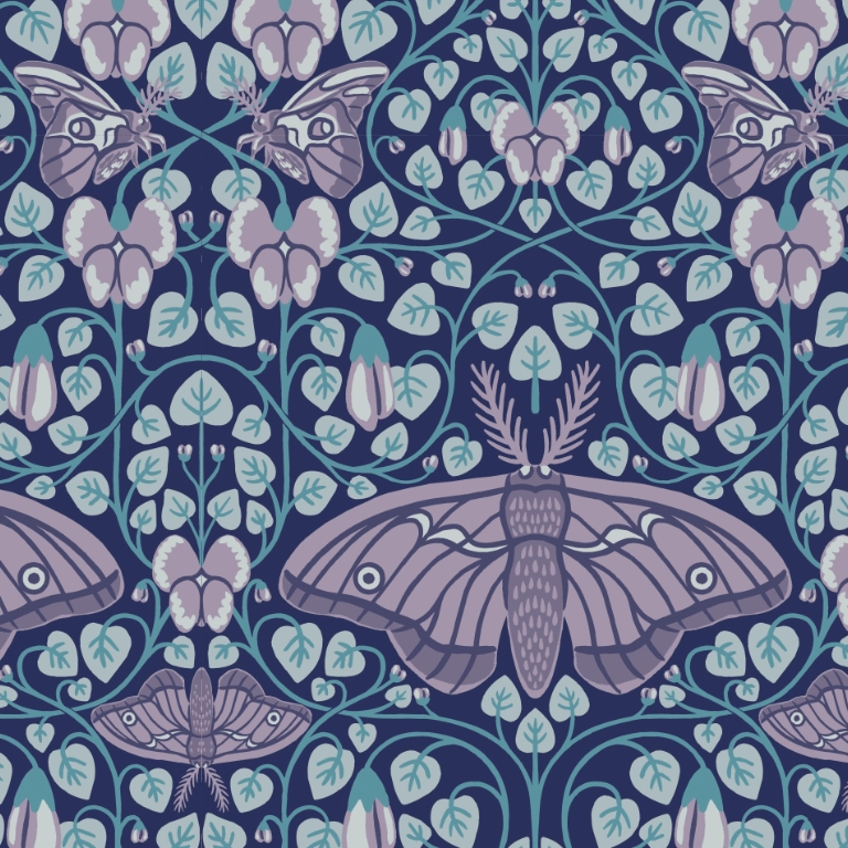Hand drawn pattern with purple moths, violets and teal leaves on deep purple background.