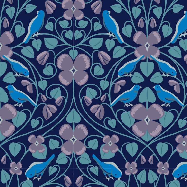 Hand drawn pattern with teal blue sparrows, violets and teal leaves on navy background.