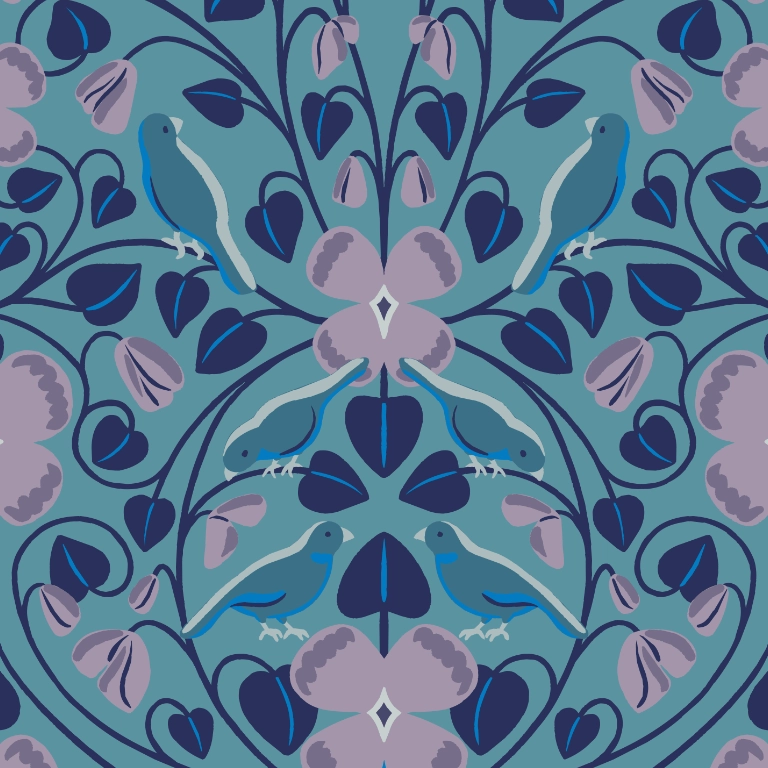 Hand drawn pattern with teal sparrows, violets and navy leaves on teal background.