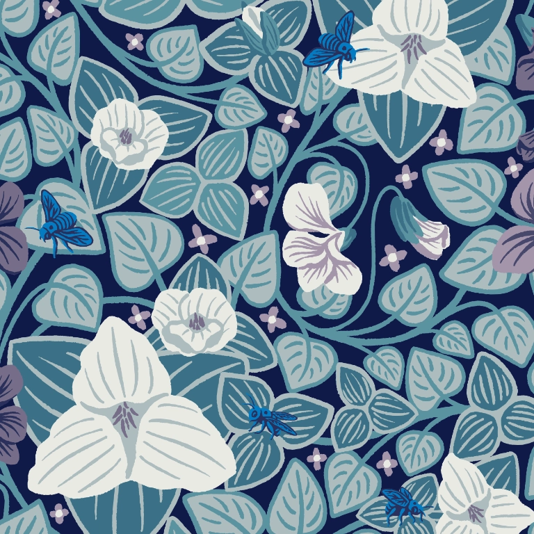 Hand drawn pattern with white trilliums, multi-coloured violets, teal leaves and blue bees on navy background.
