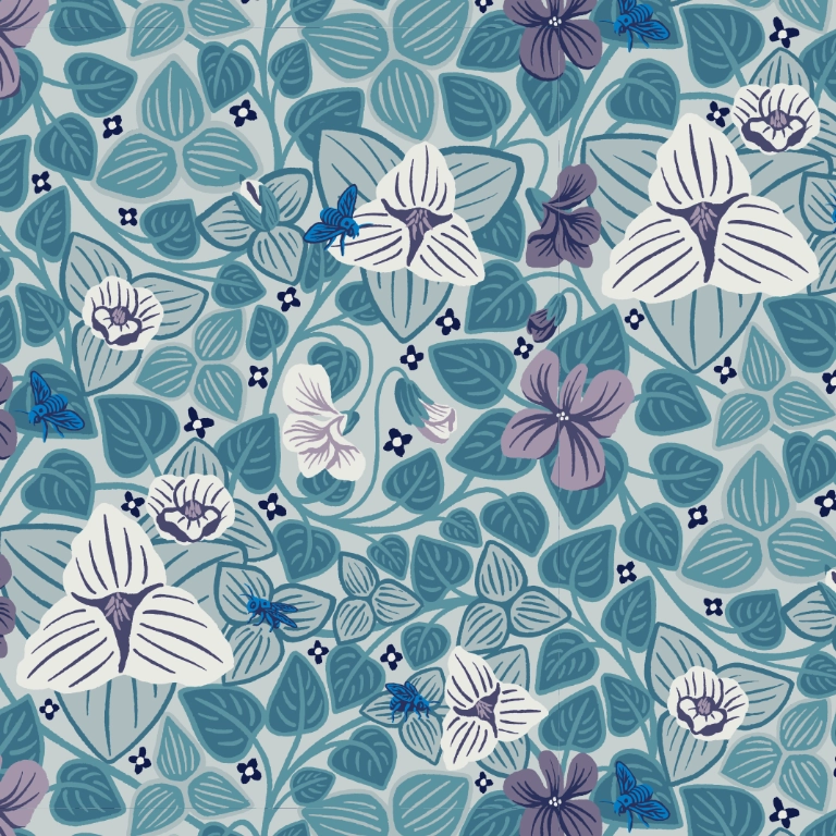 Hand drawn pattern with white trilliums, multi-coloured violets, teal leaves and blue bees on off-white background.