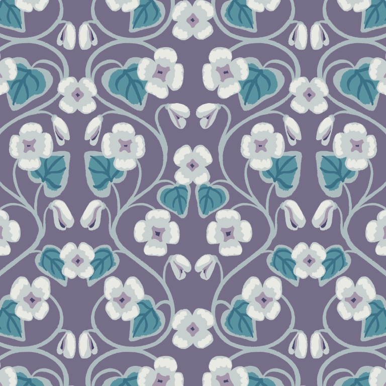 Hand drawn pattern with white violets and teal leaves on light purple background.