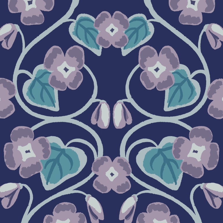 Hand drawn pattern with purple violets and teal leaves on deep purple background.